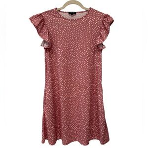 NWOT Lyrur Pink w/ White Polka Dots Mini w/ Ruffled Flutter Sleeves & Pockets